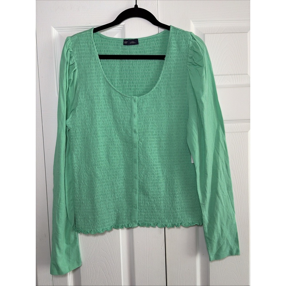 Gap Smocked Button Front Top Womens Size L Tall Green Puff Sleeve Cotton Modal